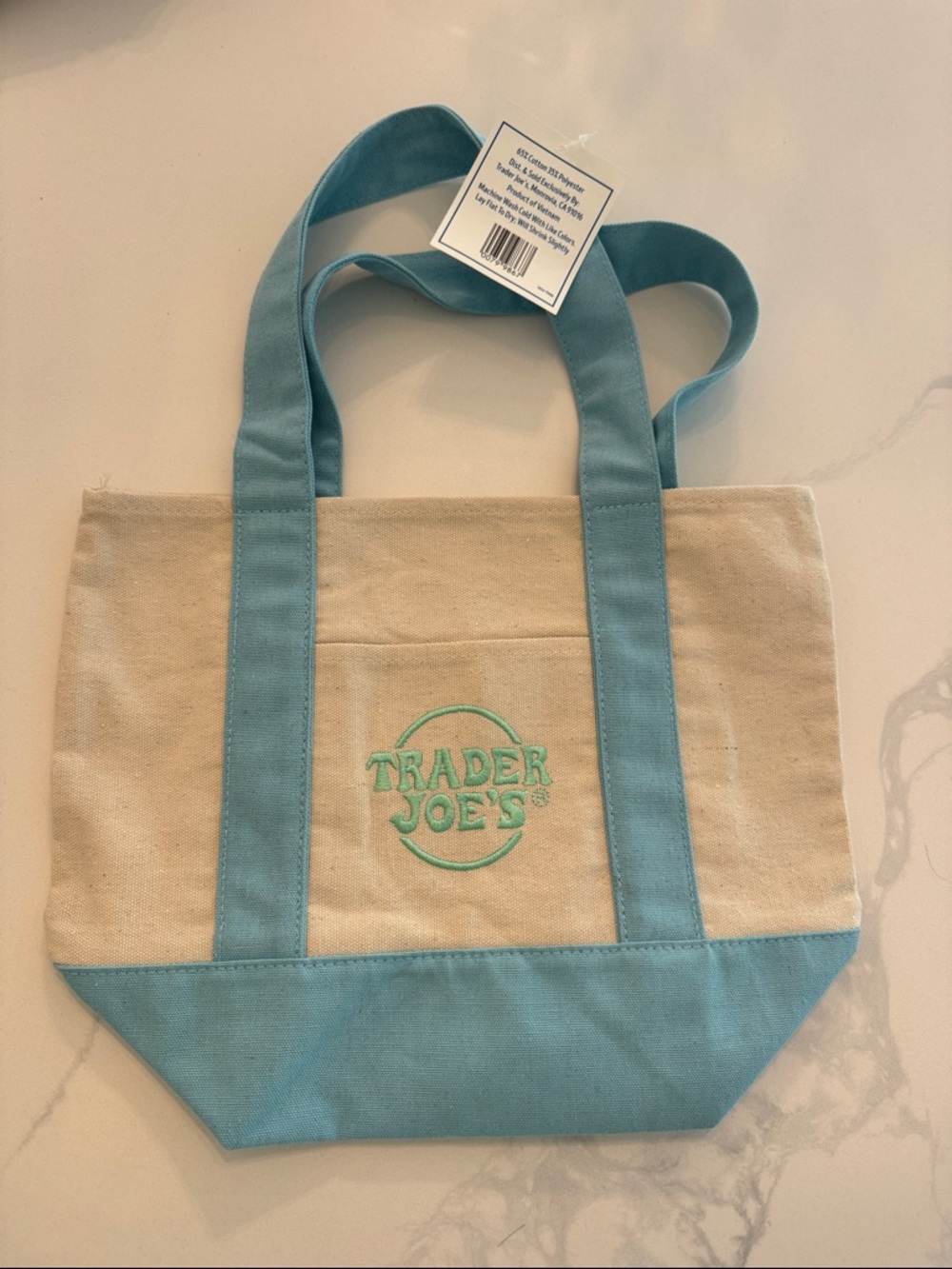 Trader Joe's mini Natural Canvas Tote with Teal Accents